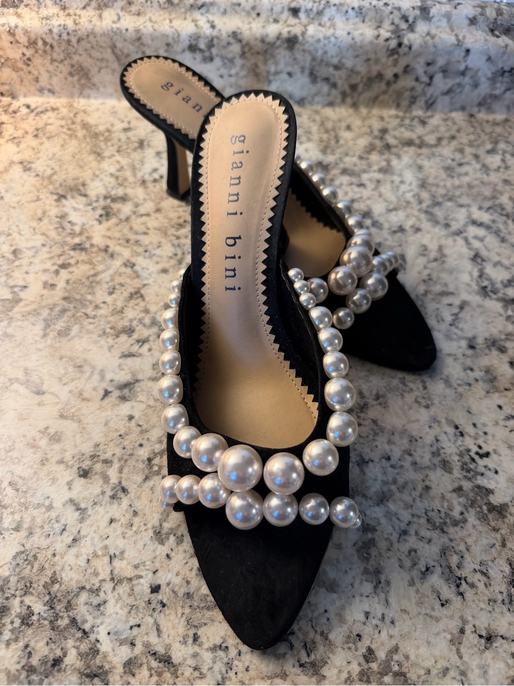 Gianni Bini Black Pearl-Embellished Pointed Open Toe Heels Class Suede Kitten